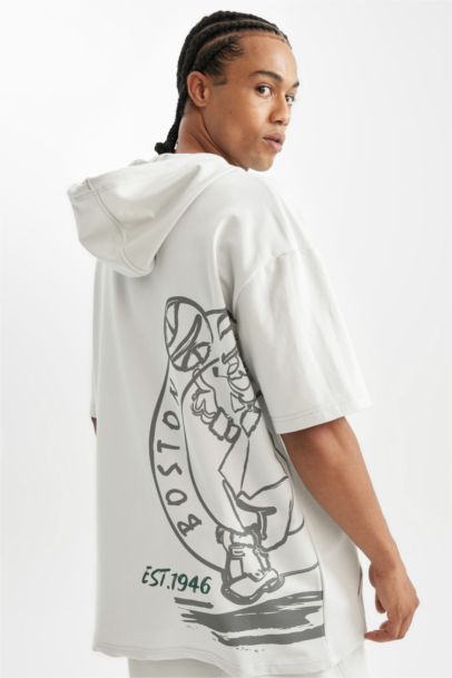 NBA Boston Celtics Oversize Geniş Kalıp Kapüşonlu Sırt Baskılı Kısa Kollu Tişört