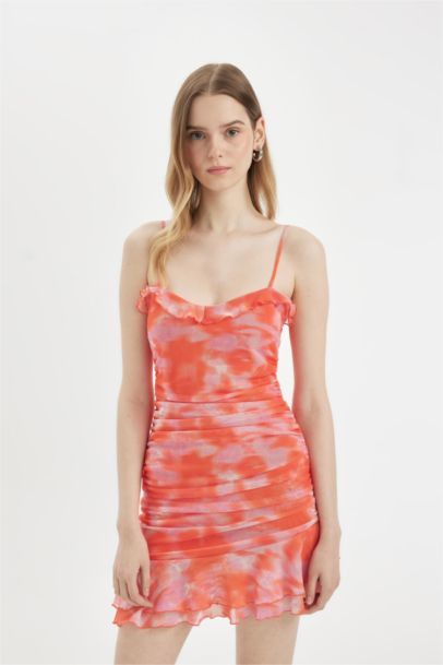 Bodycon Patterned Tulle Strap Mini Dress