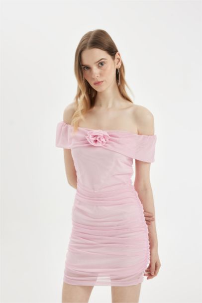 Bodycon Off-the-Shoulder Pink Tulle Mini Dress