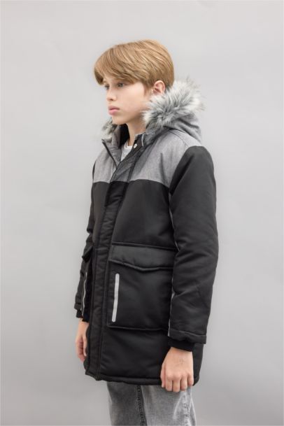 Boy Removable Faux Fur Collar Hooded Plush Lined Jacket