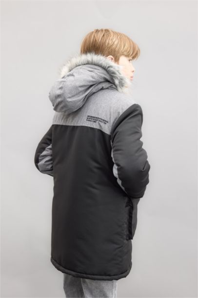 Boy Removable Faux Fur Collar Hooded Plush Lined Jacket