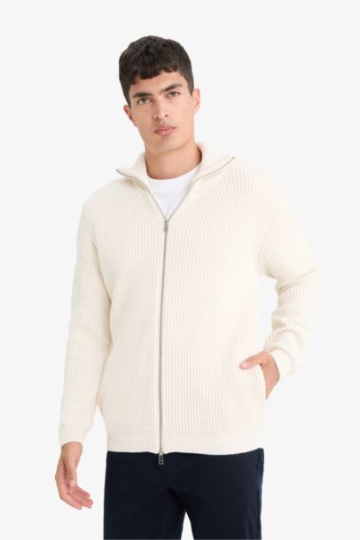 Standard Fit Stand Collar Zippered Knit Cardigan