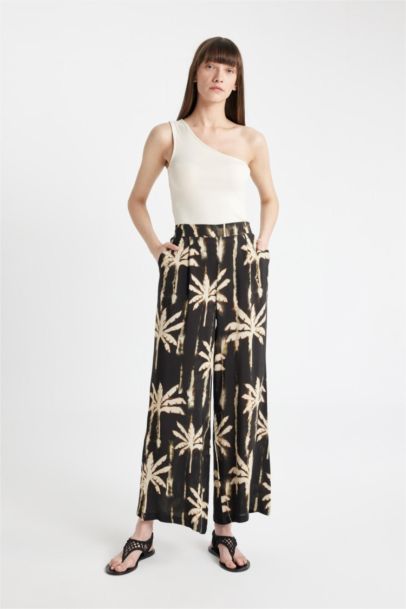 Patterned Elastic Waist Wide Leg Long Trousers