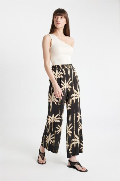 Patterned Elastic Waist Wide Leg Long Trousers
