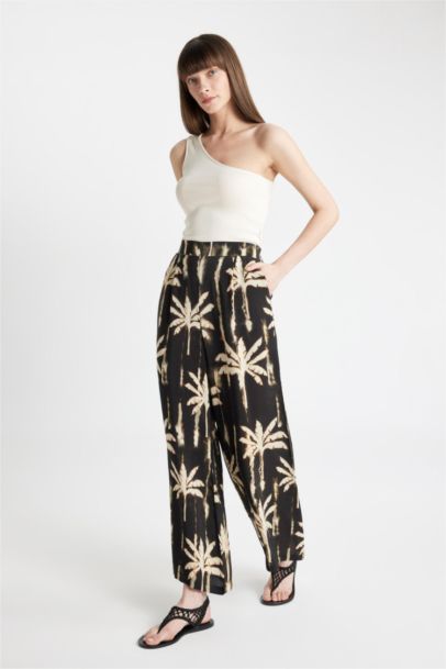Patterned Elastic Waist Wide Leg Long Trousers