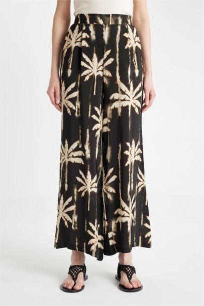Patterned Elastic Waist Wide Leg Long Trousers
