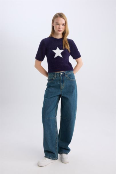 Fitted Crew Neck Star Printed Plush Pullover