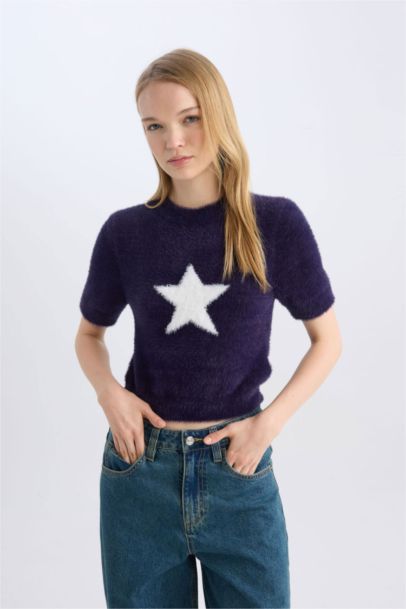 Fitted Crew Neck Star Printed Plush Pullover