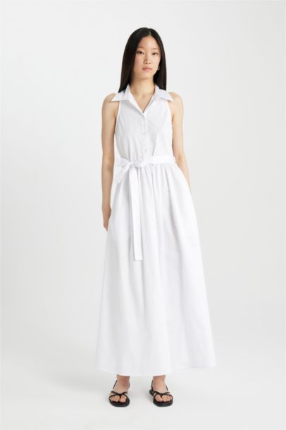 Shirt Collar Poplin Sleeveless Maxi Dress