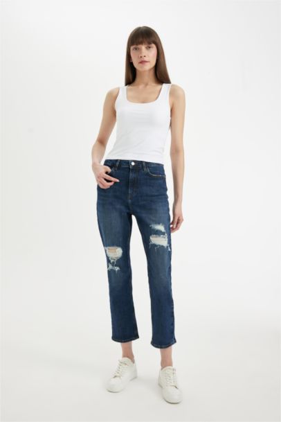 Pantalon Jean coupe régulière Taille Haute avec Détails Déchirés Vintage Mary pour Femme