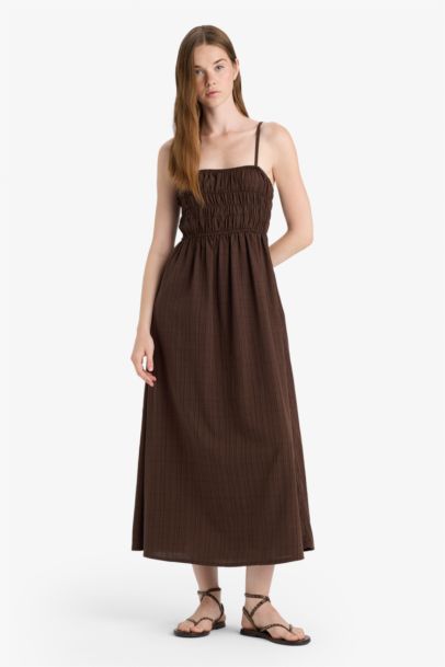 Keten Görünümlü Askılı Maxi Elbise