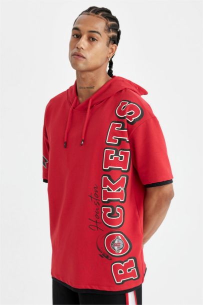 NBA Houston Rockets Kırmızı Oversize Geniş Kalıp Kapüşonlu Kısa Kollu Tişört