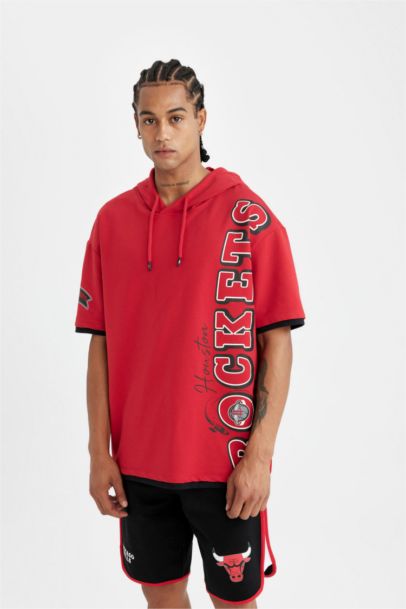 NBA Houston Rockets Kırmızı Oversize Geniş Kalıp Kapüşonlu Kısa Kollu Tişört