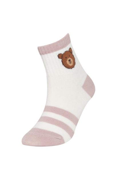 Girl Bear Patterned 3 Piece Cotton Long Socks