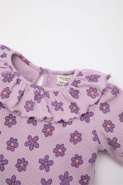 Fırfırlı Yaka Çiçekli Waffle Kısa Kollu Tişört Kız Bebek