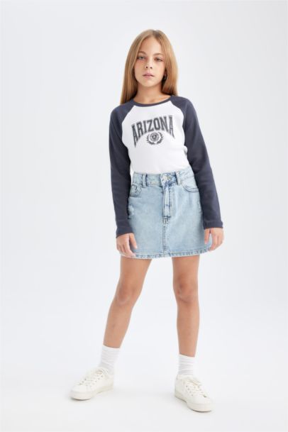 Girl Crew Neck Text Printed Ribbed Long Sleeve T-Shirt