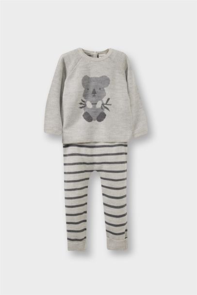2'li Takım Hayvan Desenli Triko Kazak Çizgili Alt Erkek Bebek