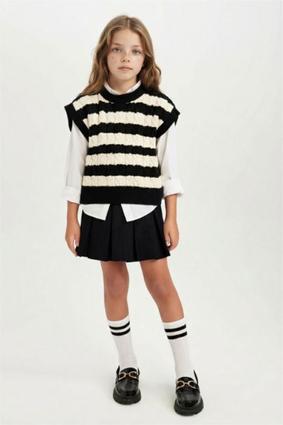 Girl Striped Crew Neck Knit Patterned Pullover