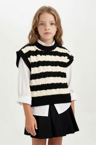 Girl Striped Crew Neck Knit Patterned Pullover