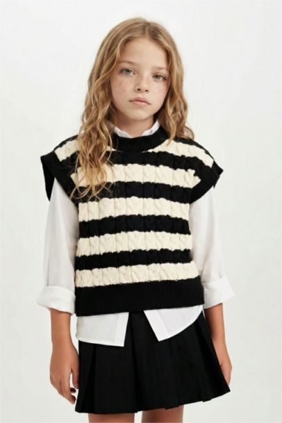 Girl Striped Crew Neck Knit Patterned Pullover