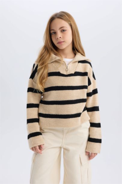 Pull en Tricot rayé à col montant zippé pour Fille