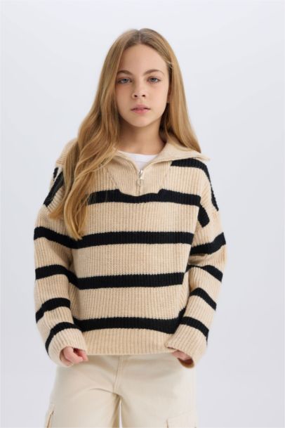 Pull en Tricot rayé à col montant zippé pour Fille