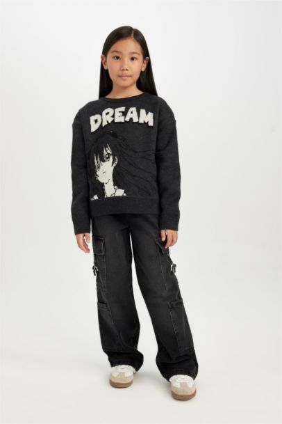 Pull en maille slim à motif, col rond pour Fille