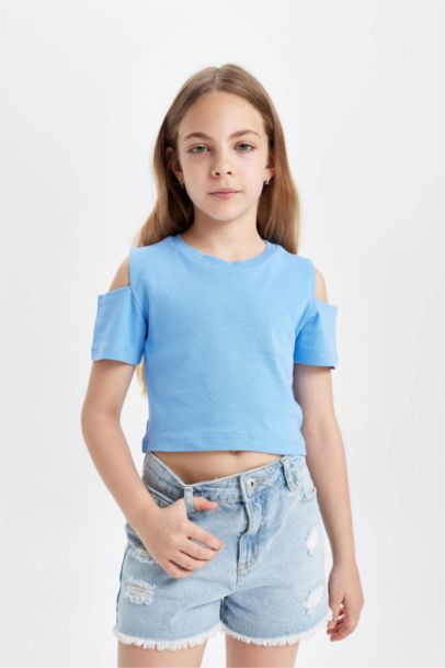 Girl Slim Fit Crew Neck Basic Ribbed Short Sleeve T-Shirt