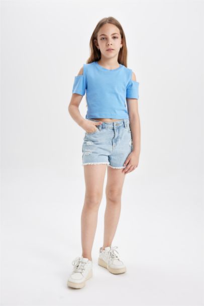 Girl Slim Fit Crew Neck Basic Ribbed Short Sleeve T-Shirt