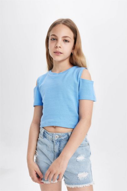 Girl Slim Fit Crew Neck Basic Ribbed Short Sleeve T-Shirt