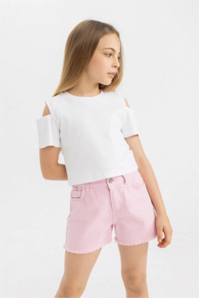 Girl's Slim Fit Crew Neck Basic Ribbed T-Shirt