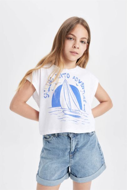 Girl Crew Neck Marine Printed Short Sleeve T-Shirt