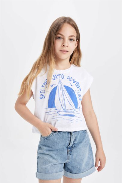 Girl Crew Neck Marine Printed Short Sleeve T-Shirt