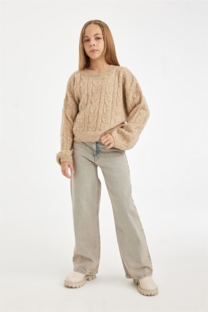 Crop Bisiklet Yaka Saç Örgülü Triko Kazak Kız Çocuk