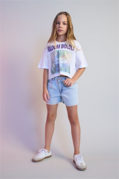 Girl Crew Neck Printed Short Sleeve Crop T-Shirt