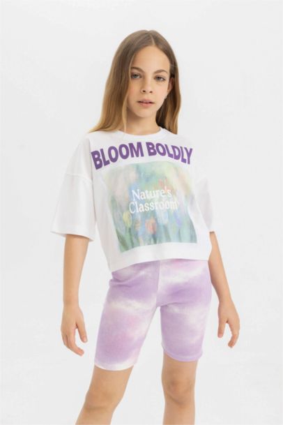 Girl Crew Neck Printed Short Sleeve Crop T-Shirt