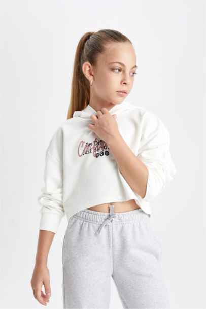 Oversize Geniş Kalıp Crop Kapüşonlu Baskılı Sweatshirt Kız Çocuk