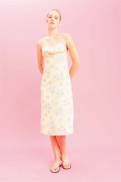 A-Line Floral Linen Strap Midi Dress