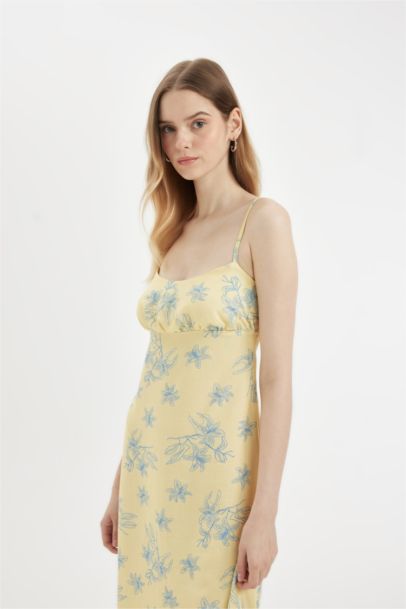 A-Line Floral Linen Strap Midi Dress