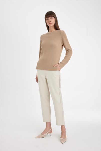 Regular Fit Bisiklet Yaka Simli Kumaş Triko Kazak