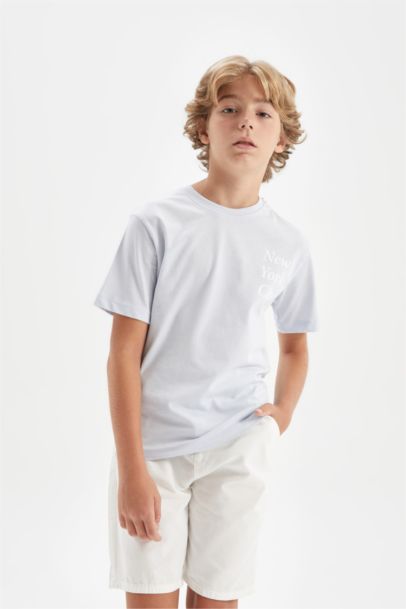 تيشيرت اولادي نص كم مطبوع قصة عادية برقبة مستديرة أزرق فاتح