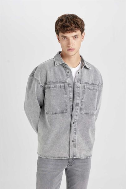 Oversize Fit Polo Collar Cotton Long Sleeve Basic Denim Shirt