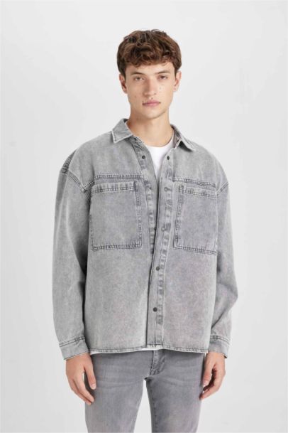 Oversize Fit Polo Collar Cotton Long Sleeve Basic Denim Shirt