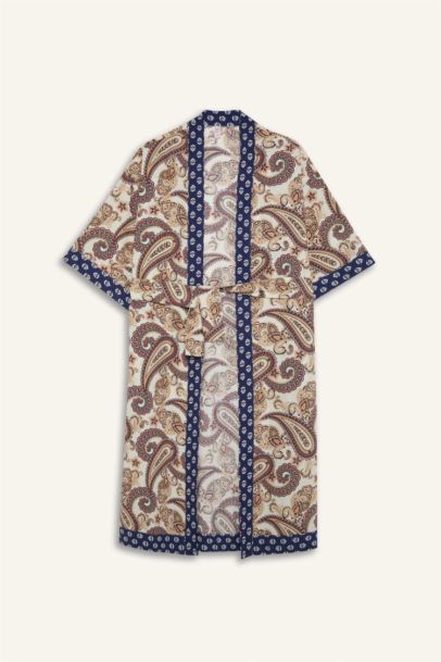 Fall in Love Regular Fit Belted Ethnic Patterned Cotton Kimono