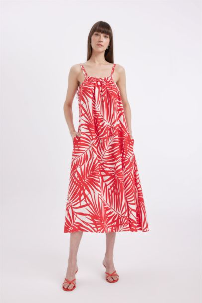 Shirt Collar Printed Linen Blend Midi Dress