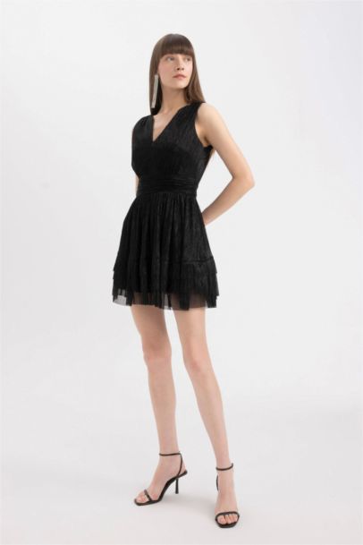 V-Neck Glitter Fabric Sleeveless Mini Dress