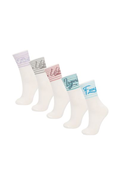 Kadın Slogan Baskılı Rahat Lastikli 5'li Pamuklu Uzun Çorap