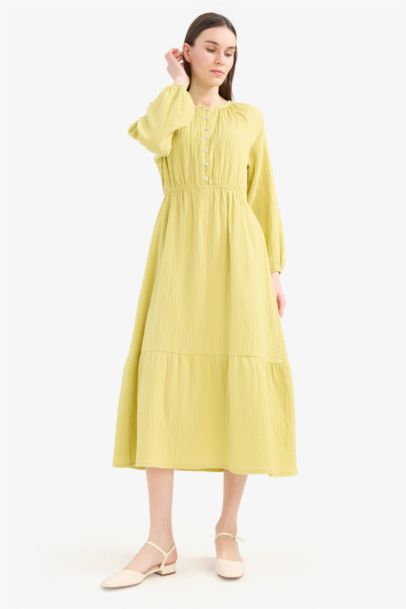 فستان محجبات موسلين ردن طويل قصة مريحة بياخة مستديرة