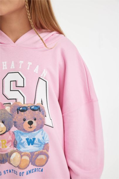 Girl Oversize Fit Hooded Bear Printed Sweatshirt