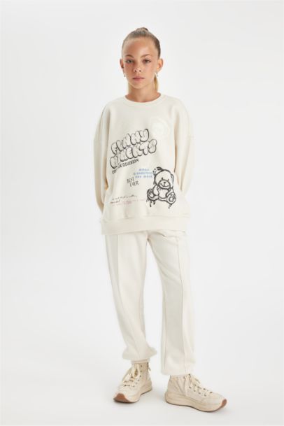 Oversize Geniş Kalıp Bisiklet Yaka Ayıcık Baskılı Sweatshirt Kız Çocuk